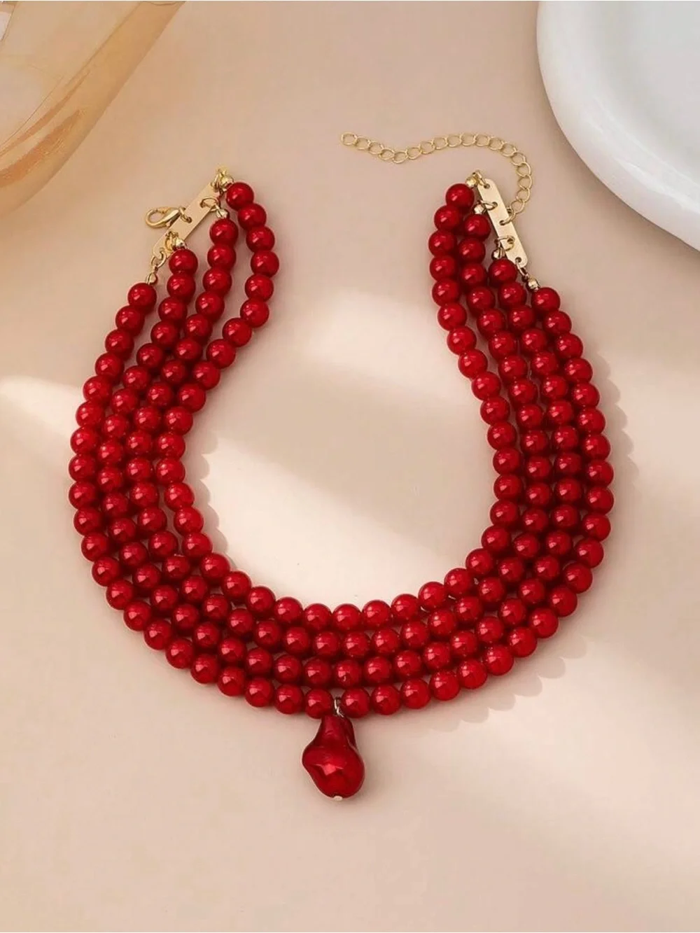 Red Multi-Strand Beaded Choker with Droplet Pendant
